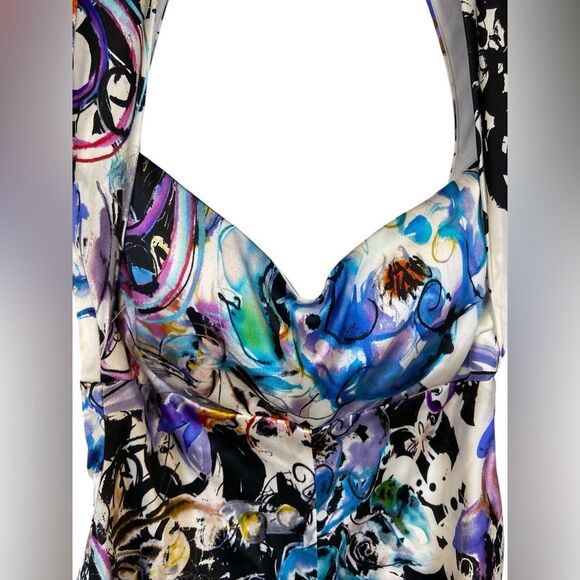 Vintage Cache Abstract Print 100% Silk Open Back Ruched Knee Length Dress Size 4 - Picture 9 of 16